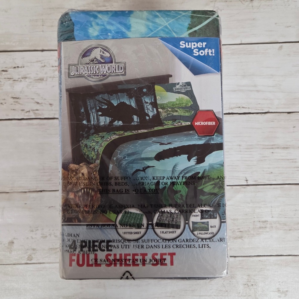 Jurassic World Sheet Set Boys Full Blue 4 Piece Microfiber Dinosaur T-Rex New